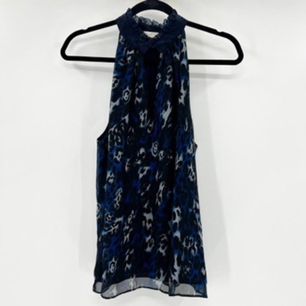 Ramy Brook Blue Leopard Print Silk Halter Top Ruffle Neck Blouse Sleeveless